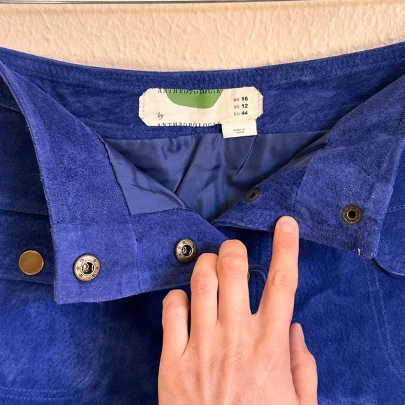 ANTHROPOLOGIE Suede Leather Vintage 70's Suede Button Mini Skirt Blue - Picture 5 of 6